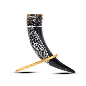 New Viking <b>Drinking</b> Horn Modern Handmade Engraved Real Touch Buffalo Horn Mug with Wooden <b>Stand</b> Holder World Craft Impex - Product Image 2