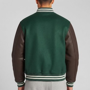 Veste de sport décontractée pour homme, verte, style varsity, manches en laine, col rond, fermeture éclair intégrale, légère, streetwear, broderie, vêtements d'automne - Product Image 2