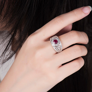 Women's 14K Solid <b>Gold</b> <b>Cocktail</b> <b>Ring</b> With Oval Ruby And Round Brilliant Cut Diamond Geometric Design Classic Style - Product Image 2