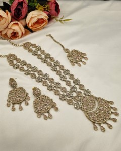 Traditional Flower Motif Dual Layer Long Necklace Earrings And Mangtika <b>Set</b> For Women Designer Fashion <b>Jewellery</b> <b>Set</b> Collections - Product Image 1