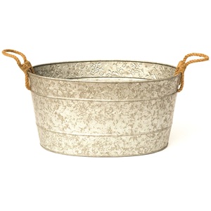 Bac à fleurs vintage en métal galvanisé embossé, grand pot de jardin ovale en zinc avec poignées en corde pour la décoration extérieure - Product Image 1