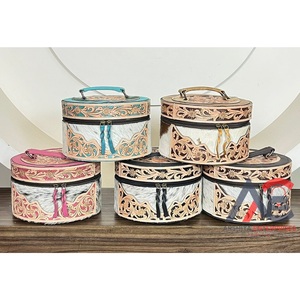 OEM ODM Round Shape Genuine Cowhide Jewelry Case Floral Hand <b>Tooled</b> <b>Leather</b> Makeup Organizer Travel Vanity Case Gift Storage Box - Product Image 1