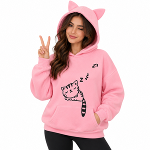 Sudadera con Capucha de Orejas de Gato Rosa de Moda para Mujer, Top Corto Casual de Color Liso, Sudadera con Capucha de Manga Larga de Algodón Tejido para Otoño - Product Image 3