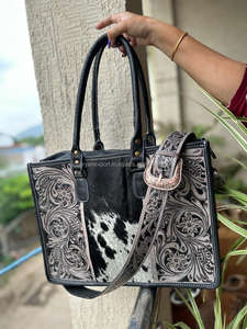 Real Cowhide <b>Fur</b> <b>Tote</b> <b>Bag</b> Stylish Leather New Designer Purse Hair on Hide Hand Tooled Carving <b>Bags</b> for Women's Multi Use - Product Image 2