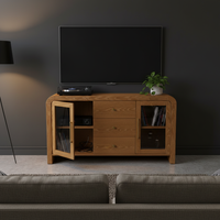 Buffet de salon, console avec trois tiroirs centraux et deux portes vitrées latérales, design moderne, meubles pour la maison
