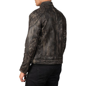 Veste en cuir marron vieilli vintage pour homme, col montant, coupe ajustée, fermeture éclair, style motard, en cuir véritable, imperméable - Product Image 5