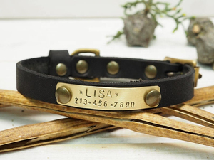 Leather Handmade Dog <b>Collar</b> With Solid Brass Gold Pet Custom Tags - Product Image 4