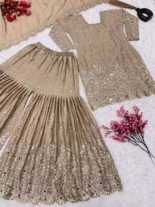 Elegant Beige Silk Sharara Set With Heavy Embroidery And Dupatta For Women Wedding Wear Traditional Indian Pakistani Style - Product Image 5