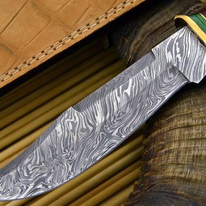 Cuchillo de hoja fija de acero de Damasco, cuchillo de caza con punta caída, mango de hueso y envoltura colorida - Product Image 5