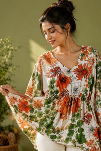Boho Floral Print <b>Kaftan</b> Tunic Top Women Summer V Neck Adjustable Drawstring Waist Loose Fit <b>Beach</b> Cover Up Short Robe - Product Image 6