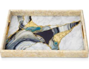 Bandeja Rectangular de Madera Lacada con Patrón de Ágata, Borde Dorado, Acabado Pulido, Apta para Lavavajillas, Multifuncional, Moderna y de Lujo - Product Image 1