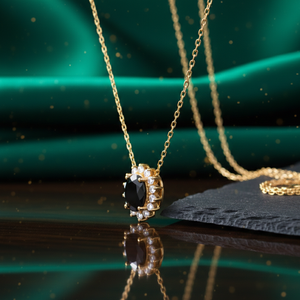 Collar de Ónix Negro Ovalado de 16 Pulgadas con Circonitas Cúbicas, Plata de Ley 925, Chapado en Oro de 18K, Collar con Colgante Elegante, Joyería Nupcial - Product Image 4