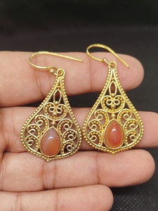 Gold-Plated Carnelian Drop Earrings Bohemian Natural Gemstone Pear -Shaped Women's Jewelry Perfections <b>Indian</b> Brass - Product Image 4