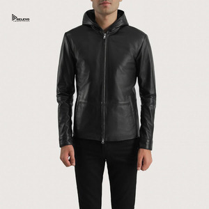 Veste en cuir noire à capuche pour homme, coupe ajustée, fermeture éclair sur le devant, style moto, manches classiques, couleur unie, vêtement d'extérieur en cuir véritable, pour l'automne - Product Image 1