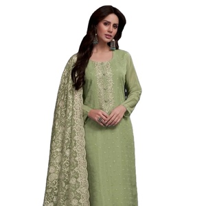 Organza en cristal de coton pur avec broderie Dull Stanton et Dupatta Kurti Set en rayonne - Product Image 1