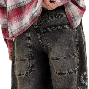 Jean en denim noir délavé pour homme, coupe ample, jambe droite, brodé, uni, style streetwear décontracté, vintage, mode quotidienne, printemps - Product Image 4