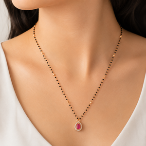 Collar Mangalsutra de Oro Rosa de 18K con Rubí en Forma de Pera y Diamantes, con Cuentas Negras, Alto Brillo, Regalo de Boda para Mujer, Joyería Fina - Product Image 1
