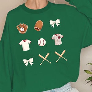 เสื้อสเวตเชิ้ตผู้หญิงแบบถักลายตารางพิมพ์ลายธีมเบสบอลพร้อมโบว์ - Product Image 3