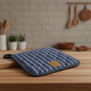 Guanto da forno a righe in denim blu con etichetta in pelle, isolante dal calore, per uso in cucina - Product Image 3