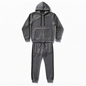 Ensemble jogging deux pièces en velours noir pour homme, sweat à capuche zippé et pantalon à taille élastique, style streetwear décontracté - Product Image 4