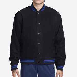 Veste universitaire pour homme, noir avec bordures bleues, coupe classique, col rabattu, fermeture boutonnée, style décontracté, vêtement d'automne, nouvelle arrivée, veste universitaire pour homme - Product Image 1