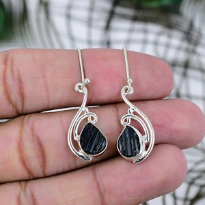 925 Sterling Silver <b>Dangle</b> <b>Earrings</b> <b>Black</b> Tourmaline Gemstone Handmade October Birthstone Birthday Gift Bezel Set Drop <b>Earrings</b> - Product Image 4