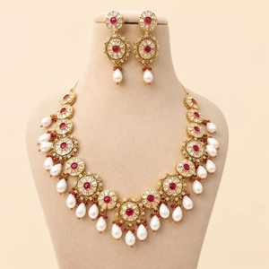 22K Gold Plated Vintage Traditional Indian Bridal Jewelry Set with <b>Ruby</b> and Pearl <b>Necklace</b> - Product Image 1