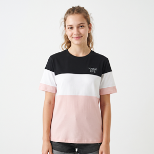 T-shirt pour femme à col rond trois tons, logo personnalisé, mélange de coton, manches courtes, coupe classique, décontracté, tendance - Product Image 5