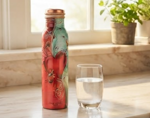 Premium Pure Copper Water Bottle Vibrant Heart Printed Finish Perfect for Kitchen Tabletop Drink Ware Daily Hydration Travel - Product Image 3