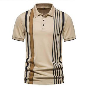 Camiseta de Cuello Alto para Hombre, Manga Corta, Informal, Tejida, Corte Regular, 100% Algodón, Beige con Rayas Marrones y Negras, Logotipo Frontal, Transpirable - Product Image 1