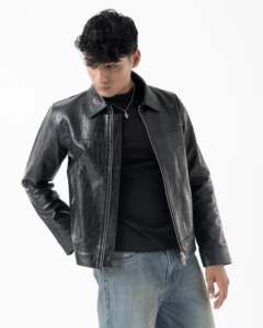 <b>Men's</b> Black Embossed Genuine <b>Leather</b> Quick Dry Wool Lining Moto <b>Jacket</b> Turn-down Collar Zipper Closure Regular Fit Autumn Style - Product Image 5