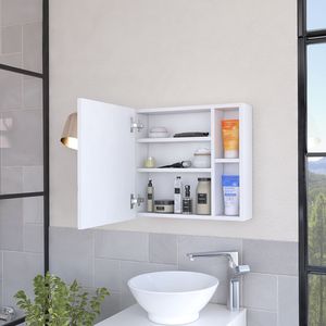 Armadietto Portamedicinali Viking a Singola Anta con Finitura Bianca, Tre Ripiani Interni e Due Ripiani Esterni per Organizzazione Bagno - Product Image 1