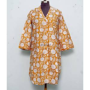 100% Pure Cotton Long Shirt <b>Dress</b> V-Neck 3/4 Sleeve Button Front belt Style Evening Formal Block Printed flare sleeves for women - Product Image 4