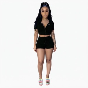 <b>Women's</b> <b>Black</b> <b>Fleece</b> Zip Up Hoodie and Shorts 2 Piece Set Casual Athletic Tracksuit Outfit - Product Image 2