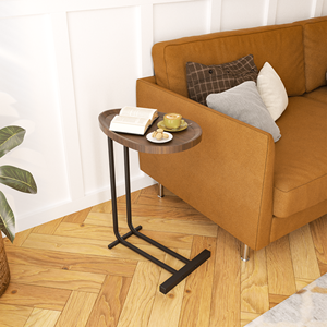 <b>C</b> Shaped Wood Nightstand with Metal Frame for Sofa or Bedside Couch Side <b>Table</b> with Slide - Product Image 2