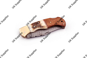 Handmade Damascus Steel Drop Point Camping Folding Pocket <b>Knife</b> Industrial Grade Stag Horn Rosewood <b>Handle</b> Leather Pouch OEM - Product Image 6