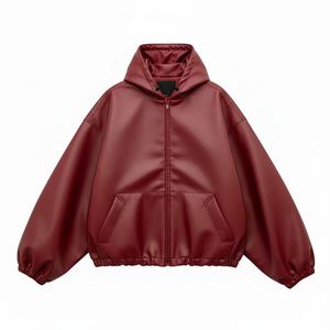 Hoodie en cuir grande taille à épaules tombantes, couleur bordeaux, style motard, sportswear, fermeture éclair, hip-hop, hoodies en cuir japonais - Product Image 1