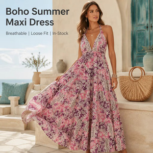 Vestido Maxi Bohemio de Verano con Estampado Floral, Cuello Halter, Escalonado, Holgado, Informal, para Mujer, Ropa de Playa - Product Image 1