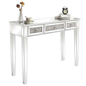 Table console en MDF argenté avec surface miroir et verre brisé, bureau d'ordinateur à trois niveaux - Product Image 3