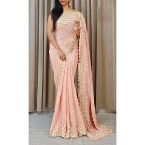 Sari de diseñador en georgette con bordado de hilo y blusa sin coser - Product Image 1