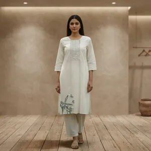 Cotton Embroidered Kurta With Three Quarter Sleeves Crew Neck Loose Fit Casual Daily Wear - Product Image 5