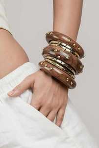 Handmade Artificial Wooden Brass Bangles-Durable Hand Carved Multi-Shaped Chunky Bracelet Collection Smooth Finish <b>Wood</b> Craft - Product Image 3