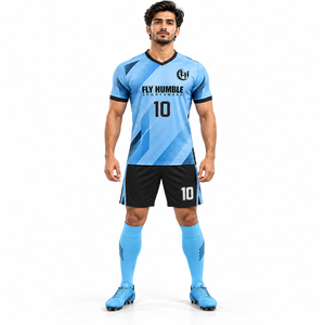 <b>Fly</b> Humble Men's Soccer Jersey Set Blue Black Geometric Print V-Neck Short Sleeve Breathable Polyester Uniform 10 Number - Product Image 1