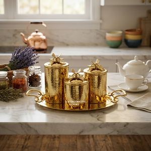 Handcrafted Brass-Finish Canister Set for Home Decor Elegant Hammered Metal Storage <b>Containers</b> with Serving Tray Luxury Gift Set - Product Image 5