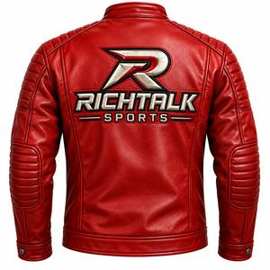 <b>Men's</b> <b>Red</b> Genuine <b>Leather</b> Eco-Friendly Moto <b>Jacket</b> Stand Collar Zipper Front Logo Slim Fit Winter Style - Product Image 2