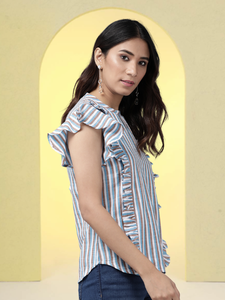 Haut pour femme en mélange de coton multicolore à rayures, coupe classique, avec manches évasées et col mandarin, conçu pour un style décontracté mondial - Product Image 3