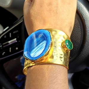 High demand women jewelry organic shape blue agate slice <b>bracelet</b> apatite quartz gold plated hammered texture wide band cuff - Product Image 4