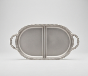 Bandeja de Servicio Metálica de Lujo de Dos Secciones con Borde de Cuerda Trenzada y Asas, Platos Ovalados para Aperitivos, Venta al por Mayor para Restaurantes y Eventos - Product Image 1