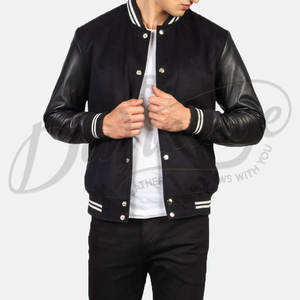 Chaqueta Bomber Varsity de Gamuza Negra para Hombre con Mangas de Cuero Genuino, Puños Acanalados a Rayas, Estilo Clásico Letterman de Béisbol - Product Image 6