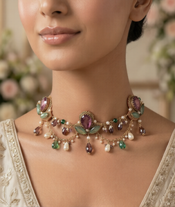 Conjunto de compromiso y boda de lujo inspirado en el cobre chapado en rodio, que incluye collar, pendientes, maang tikka y circonita. - Product Image 1